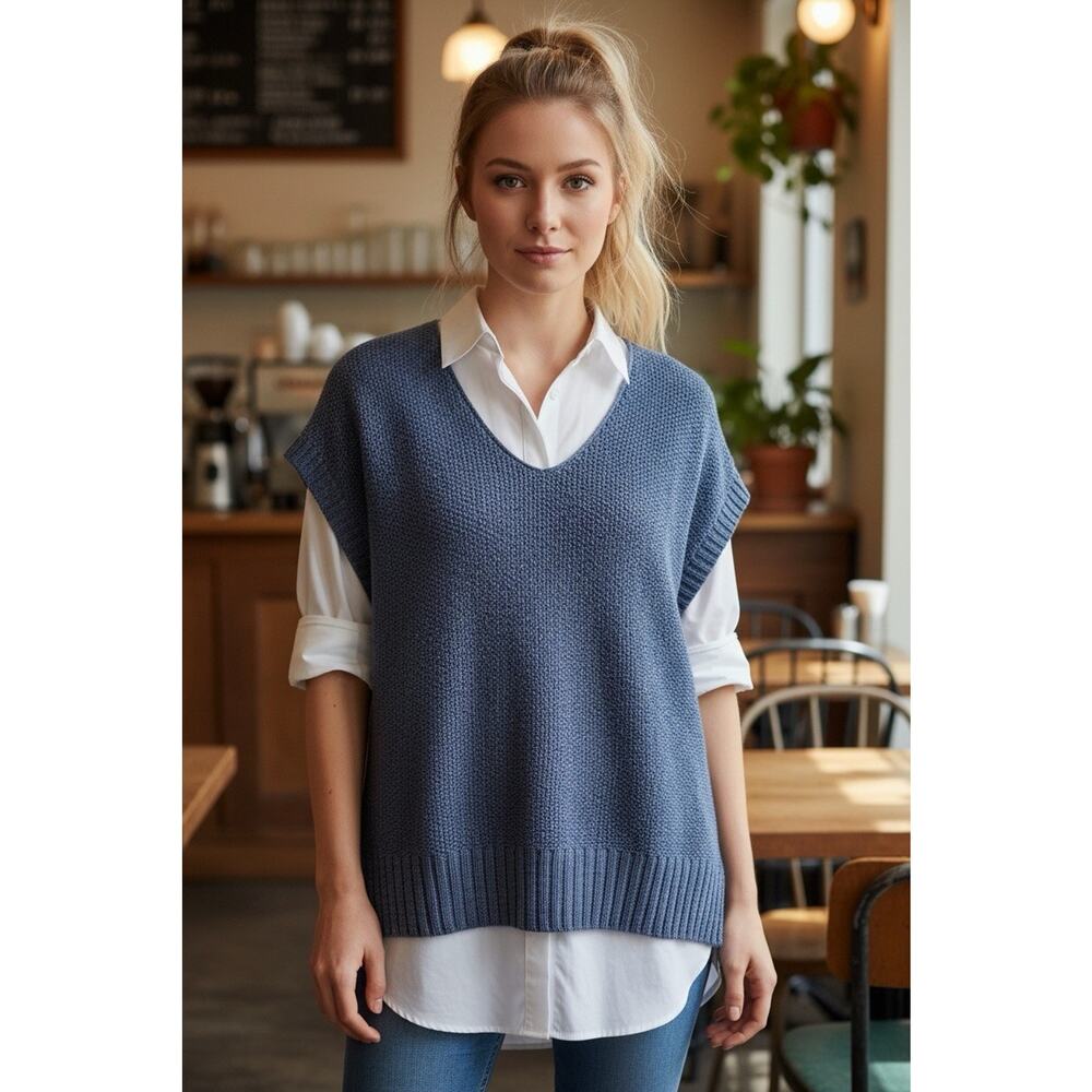 Lucky Brand Women Textured Knit V-Neck Sweater Vest Dark Blue Size L College